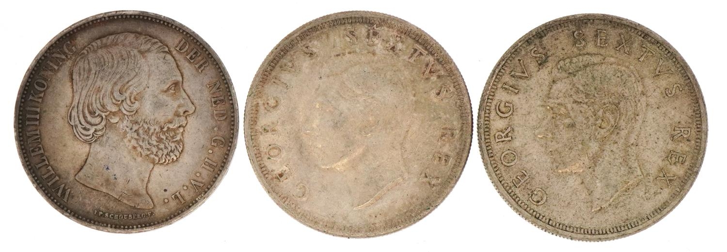 Two South African five shillings and a Willem III Koning two and a half guilders, 81.6g