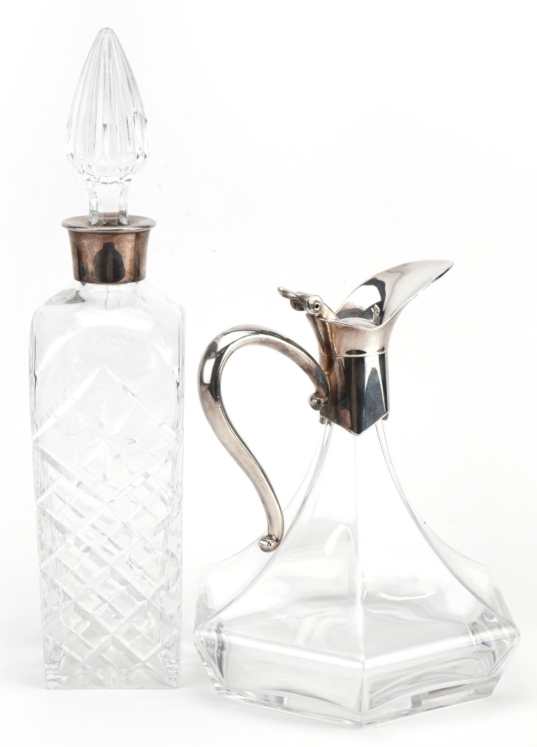 Cut glass decanter etched whisky and a claret jug both with silver plated mounts, the largest 34cm - Image 2 of 3