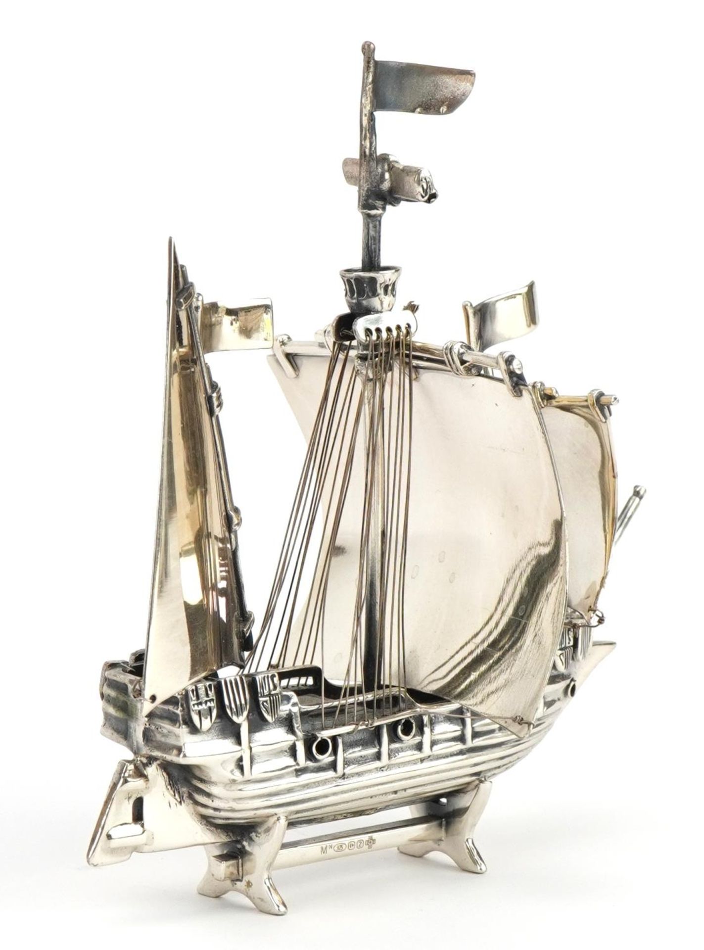 Heavy silver model of a rigged sailing ship, M N maker's mark, Birmingham 2000, 11cm high, 172.8g - Image 2 of 4