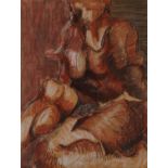 Abstract composition, seated female, mixed media, inscribed verso Distortion of Realism, mounted,