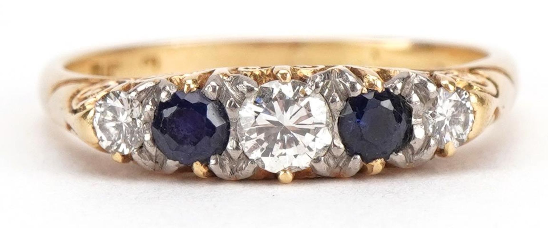 Victorian style diamond and sapphire graduated five stone ring, indistinct hallmarks, the largest