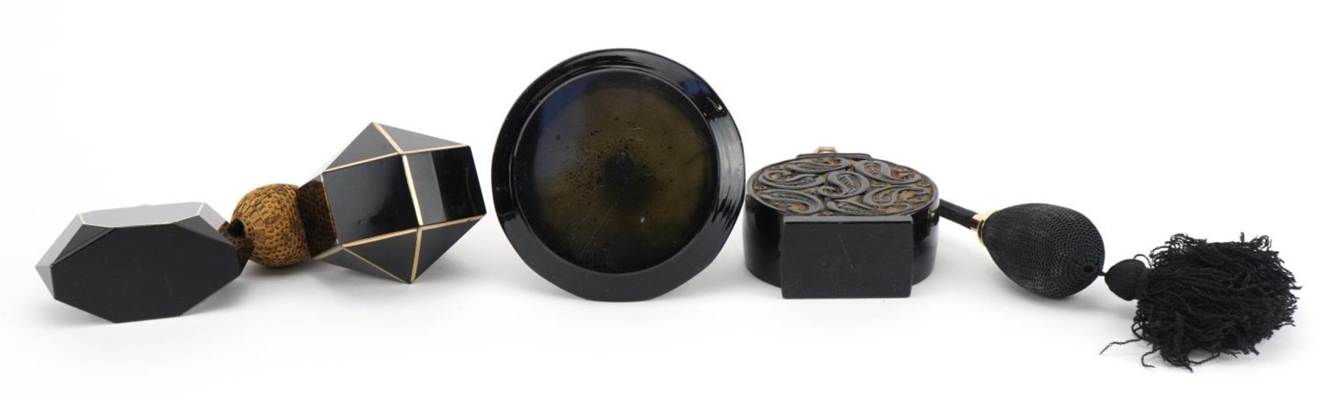 Four French Art Deco black glass atomisers including three with gilt decoration, one stamped - Image 3 of 4