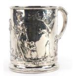 Manner of Elkington & Co, silver plated tankard decorated in relief with classical figures,