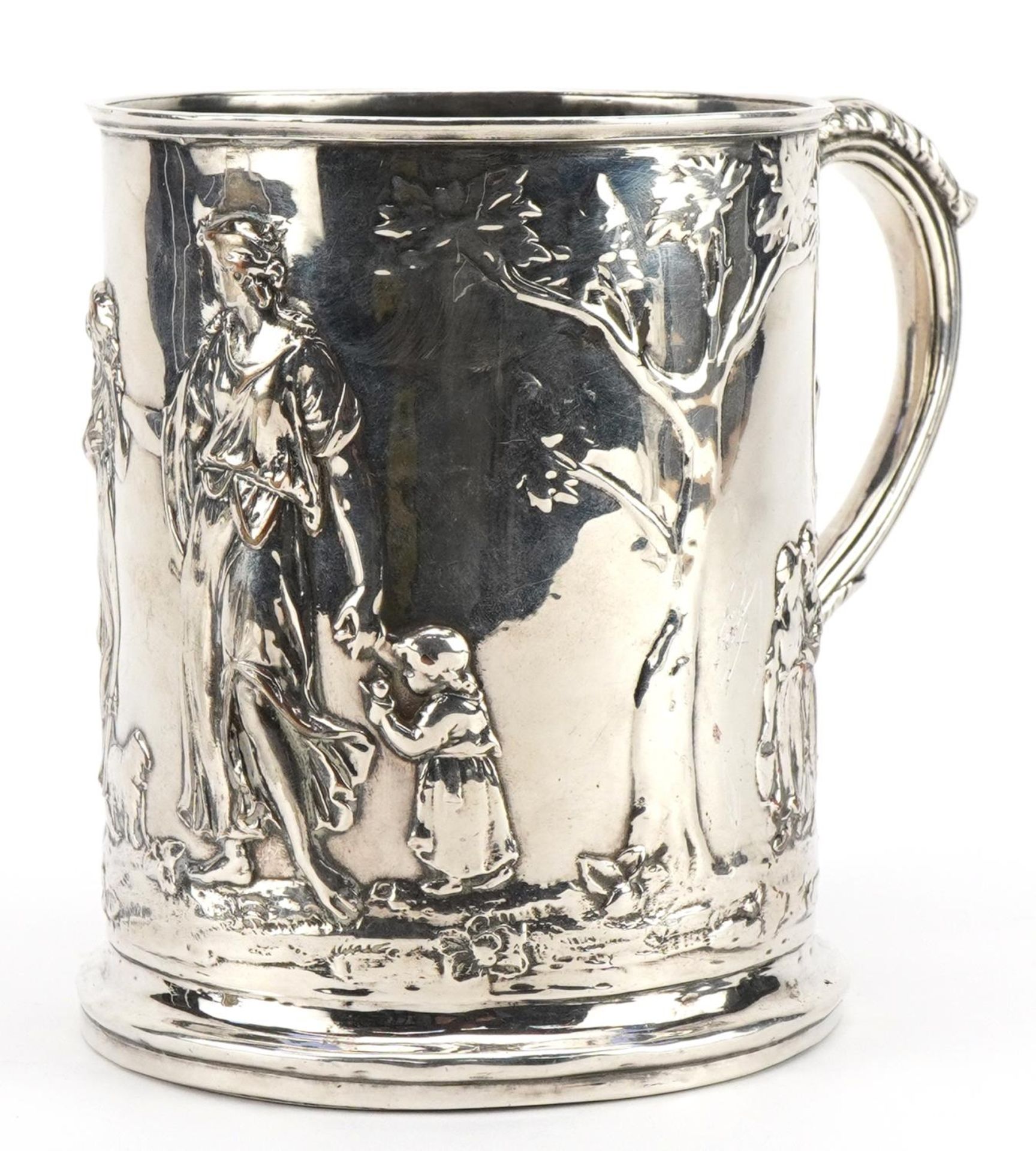 Manner of Elkington & Co, silver plated tankard decorated in relief with classical figures,