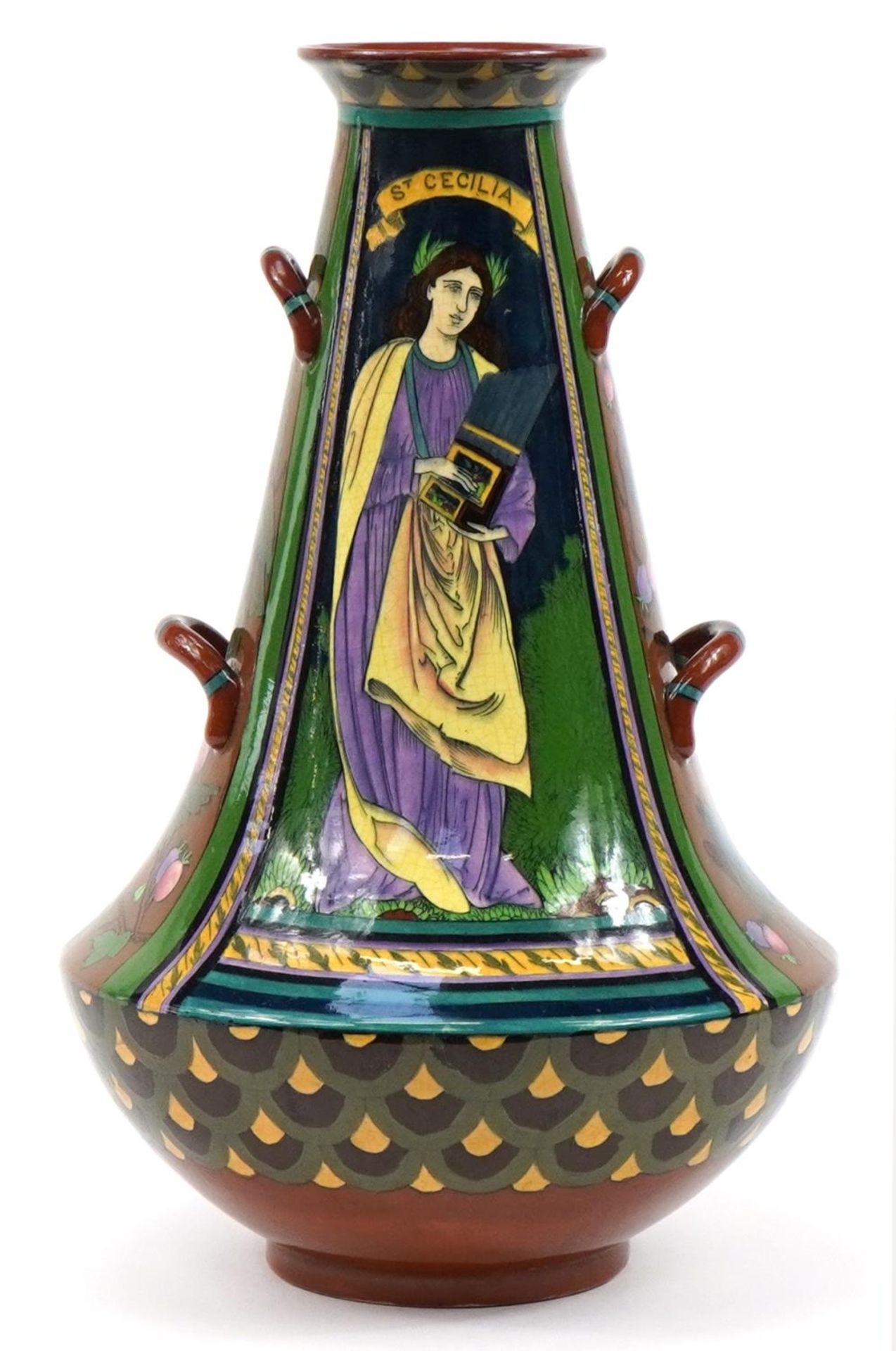 Foley Intarsio, Art Nouveau four handled vase hand painted with St Cecilia, numbered 4032, 42cm high