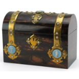 Victorian brass bound dome topped coromandel tea caddy with inset Wedgwood Jasperware type panels