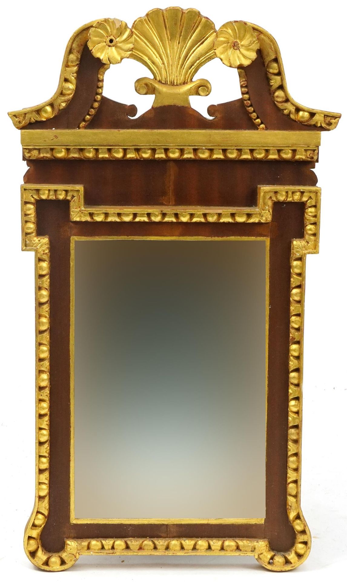 French style rectangular gilt framed pier mirror with shell crest, 86cm x 51cm