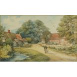 G C Thomas 1905 - Village scene with figure walking a dog, early 20th century watercolour,