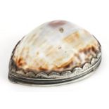 Antique continental silver mounted cowrie shell snuff box, impressed I. C maker's mark to the