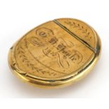 19th century brass tobacco box engraved G H Hayle, dated 1877, 8cm in length