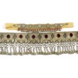 Persian or Indian white metal wedding belt with red glass panels and a similar collar with coral