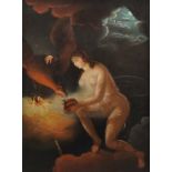 Nude female and phoenix before clouds, Old Master style oil on canvas housed in a gilt frame,