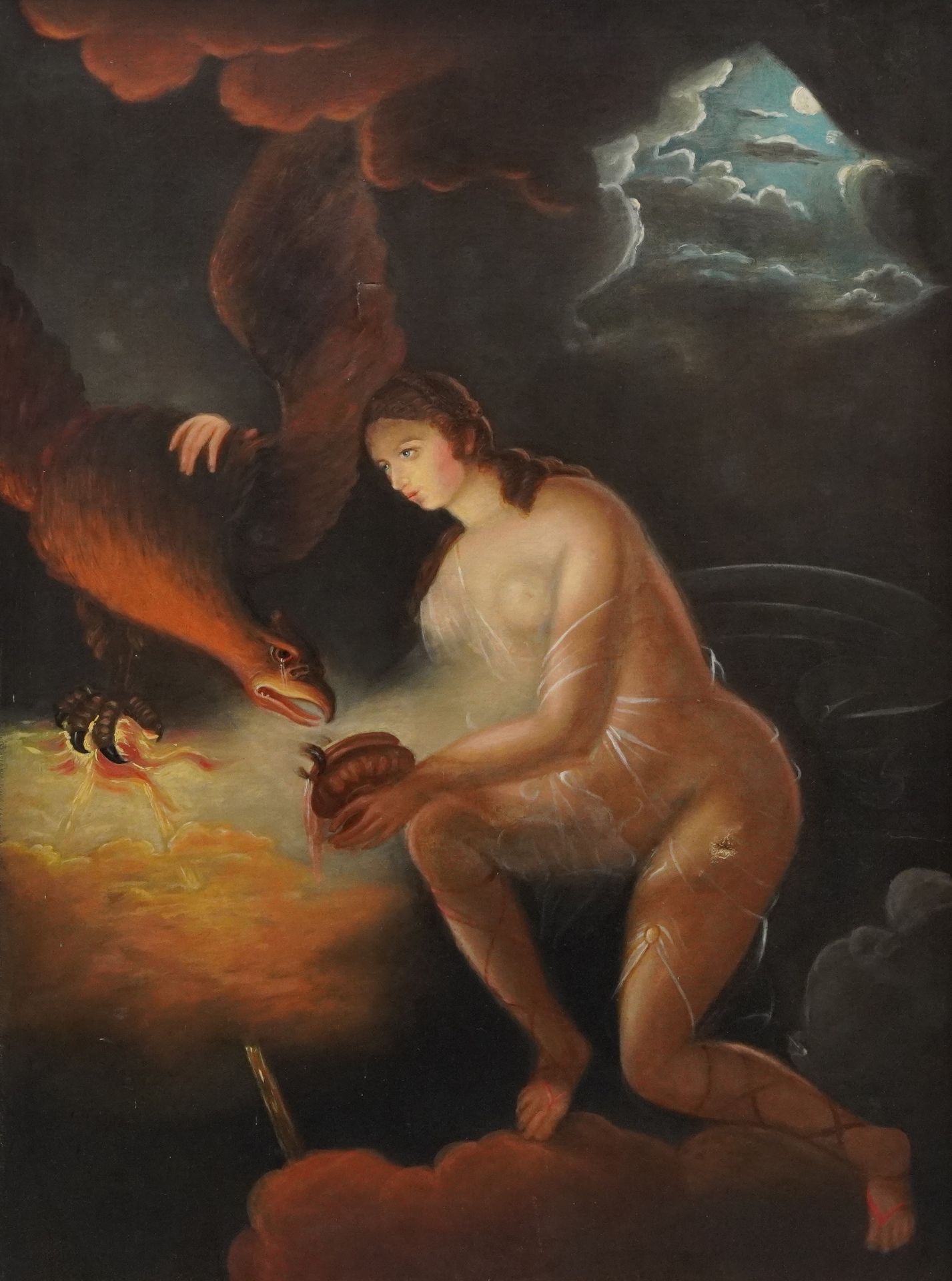 Nude female and phoenix before clouds, Old Master style oil on canvas housed in a gilt frame,