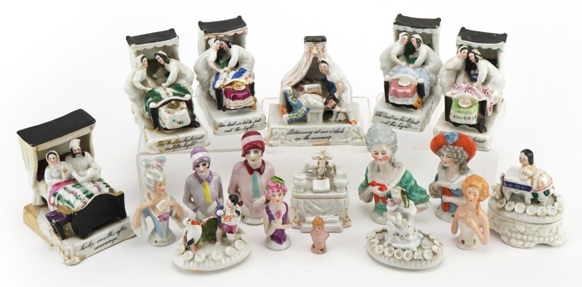 Victorian and later ceramics including half pin dolls and fairings, the largest 7.5cm wide