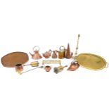 Antique and later copper and brassware including oval Arts & Crafts style brass tray with twin