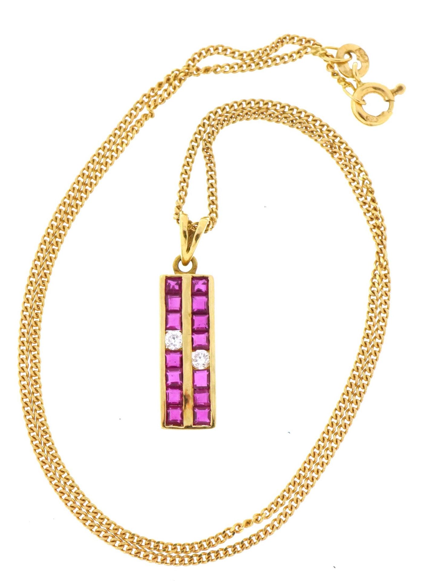 18ct gold ruby and diamond pendant on 18ct gold curb link necklace, 2.6cm high and 38cm in length, - Image 2 of 4