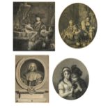 Four antique engravings including one after Rembrandt van Rijn and one depicting Charles de Maupeou,