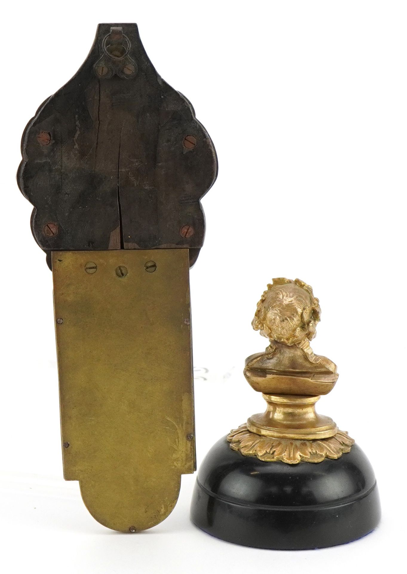 Gilt metal and black slate desk weight with a bust of a bearded man and a French style maiden head - Image 2 of 3