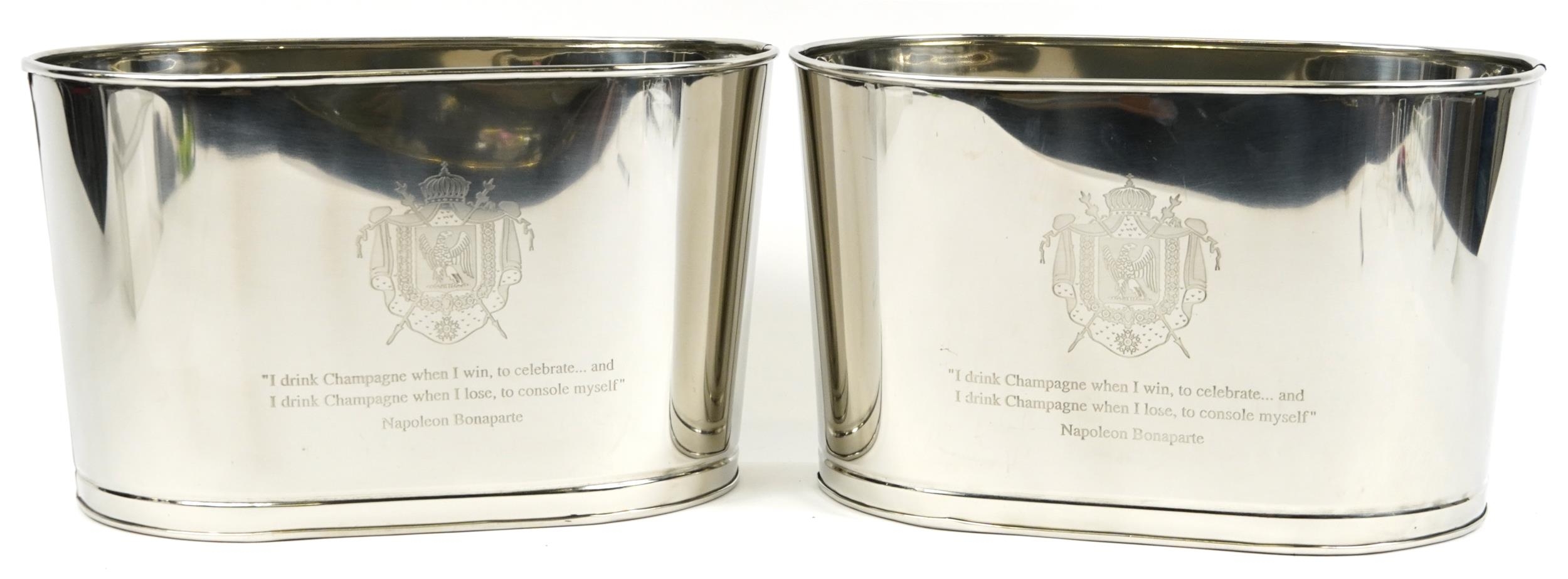 Pair of Champagne ice buckets with Lily Bollinger and Napoleon Bonaparte mottos, each 25cm high x