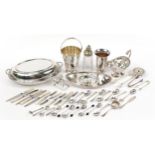 Silverplate including an oval entree dish with cover, ice bucket with swing handle, sauceboat and