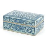 Chinese blue and white porcelain box and cover hand painted with flowers, incised with calligraphy