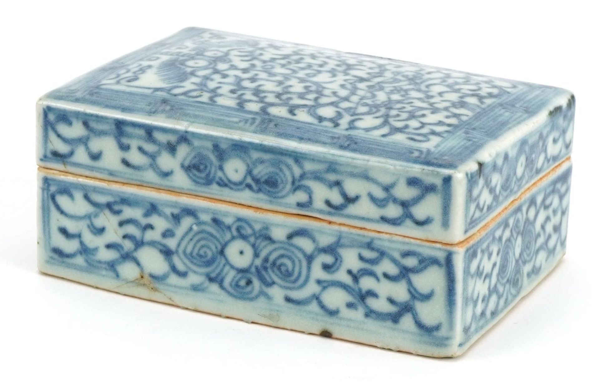 Chinese blue and white porcelain box and cover hand painted with flowers, incised with calligraphy