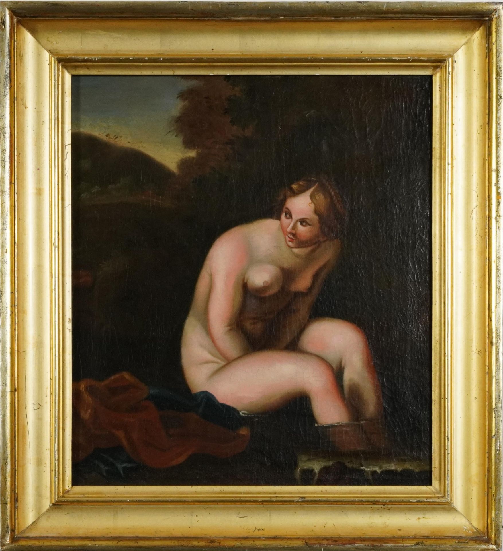 Nude female bathing before a landscape, Old Master style oil on canvas housed in a gilt frame, - Bild 2 aus 3