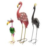 Three painted metal floor standing birds including a flamingo, the largest 97cm high