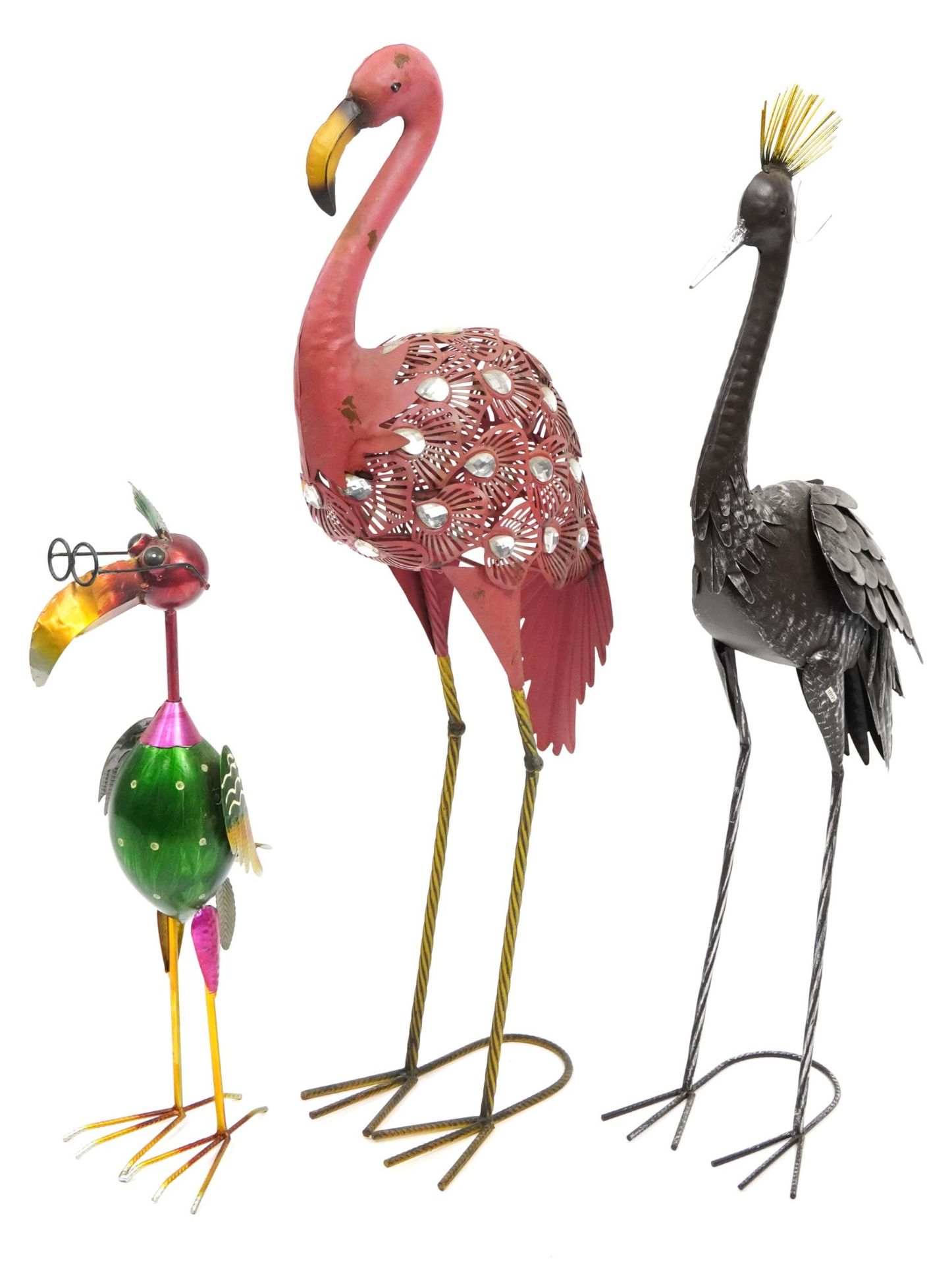 Three painted metal floor standing birds including a flamingo, the largest 97cm high