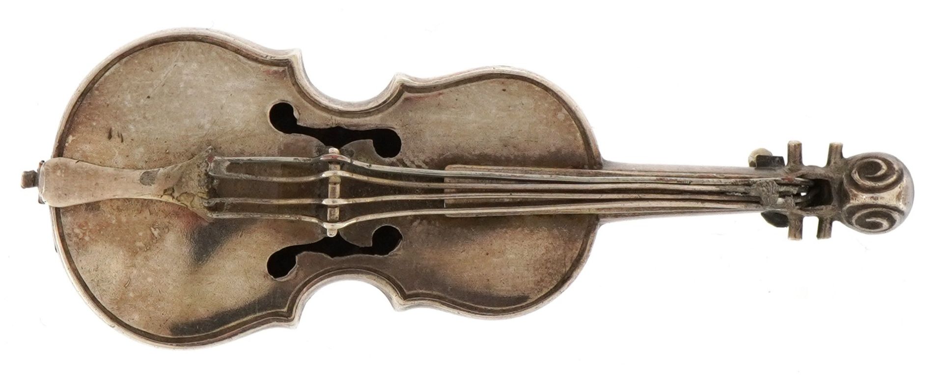 Silver violin brooch stamped Std, 6cm wide, 9.6g