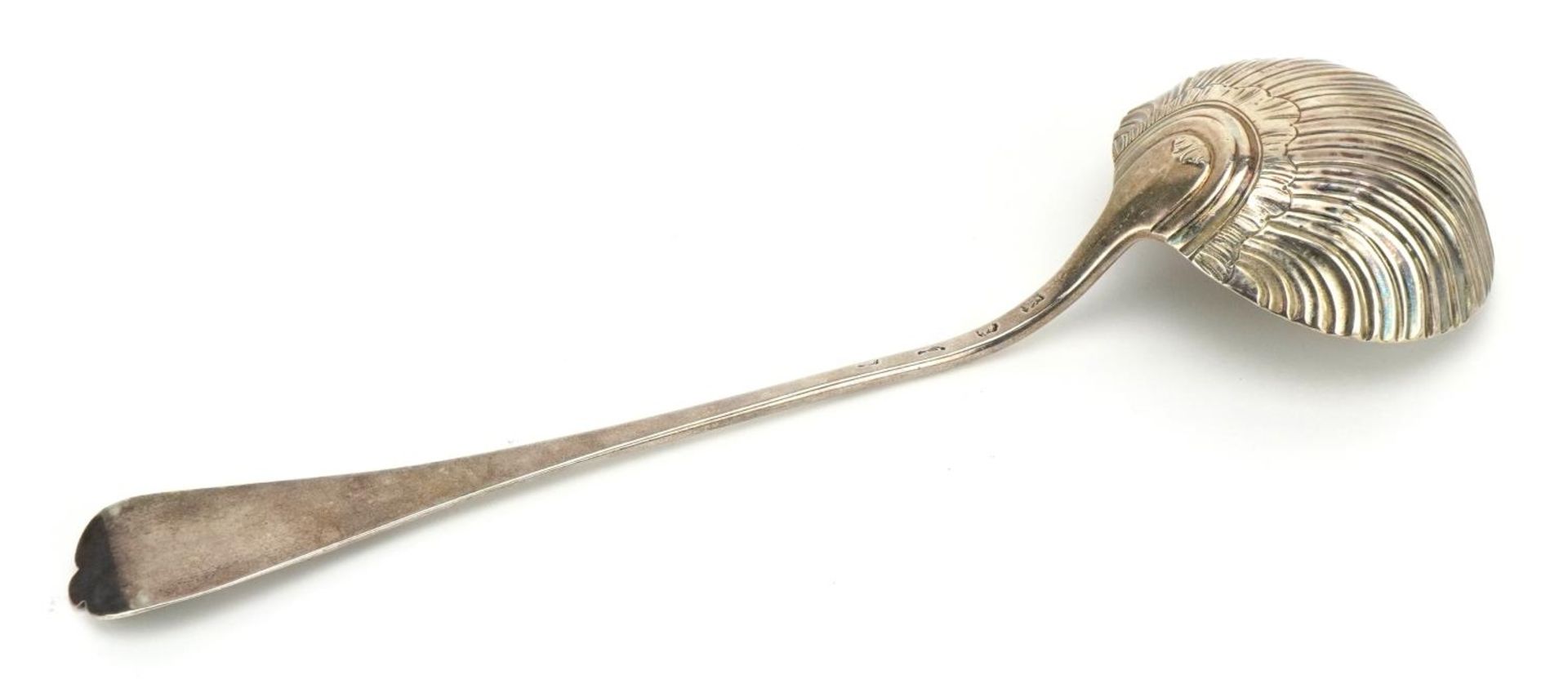 Georgian silver ladle with embossed shell design bowl, indistinct hallmarks, possibly London 1754, - Image 2 of 3