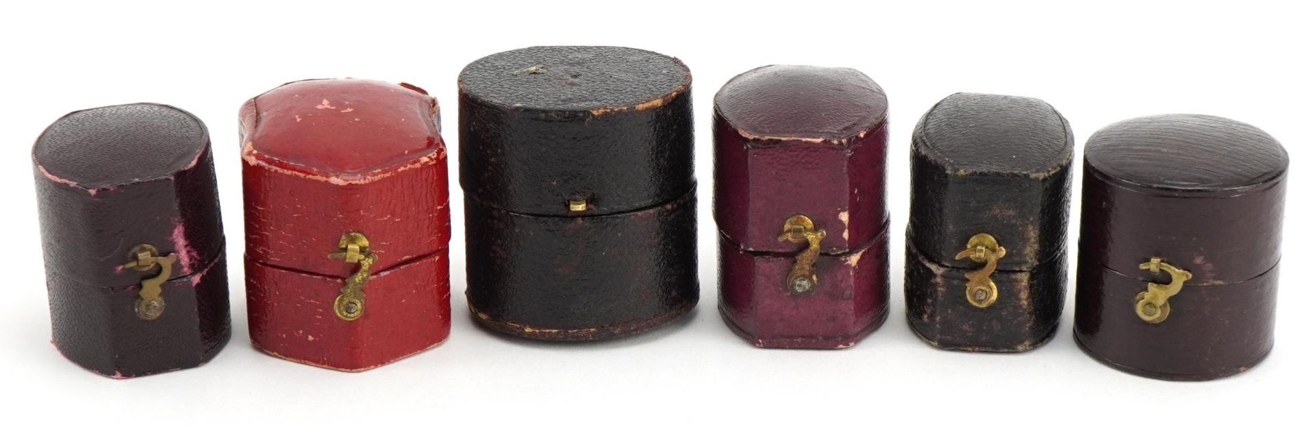 Six Georgian and later leather, velvet and silk lined ring boxes including Edwin Clark and