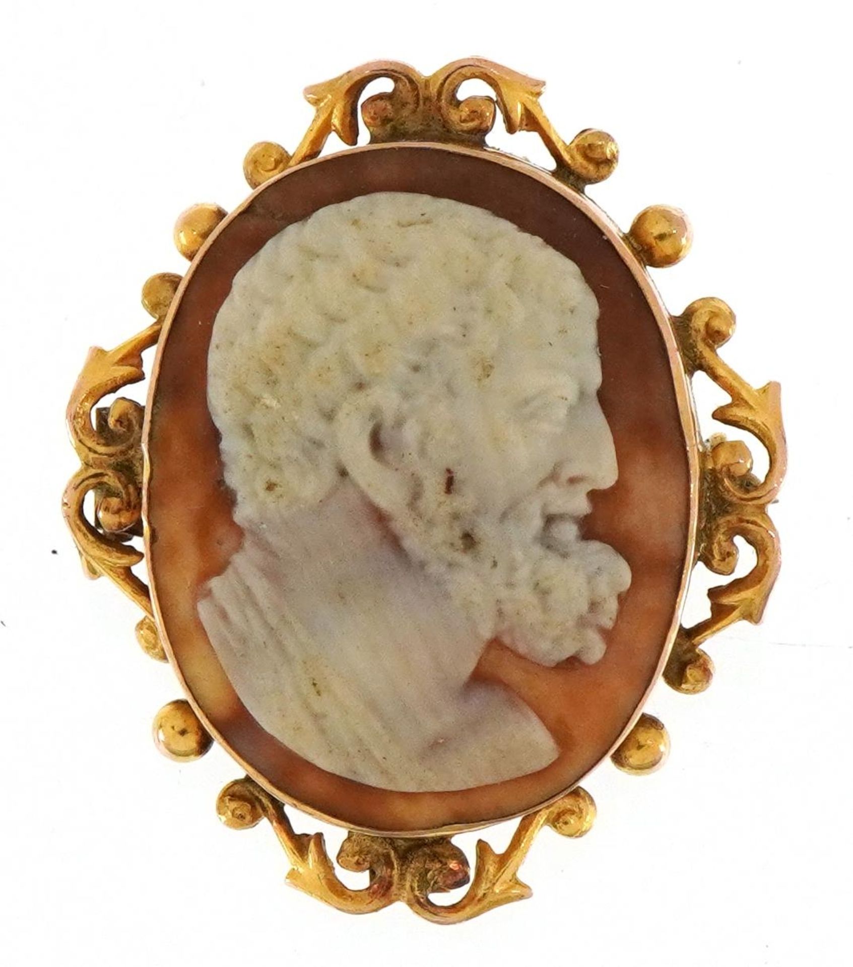 Antique 9ct gold mounted cameo brooch carved with a bearded gentleman housed in a Fattorini & Sons