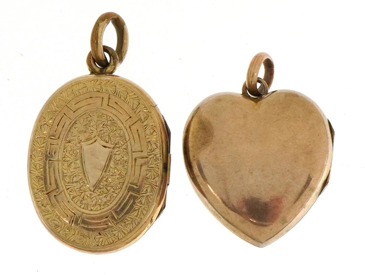 Two yellow metal lockets including one in the form of a love heart set with seed pearls and pink - Image 3 of 3