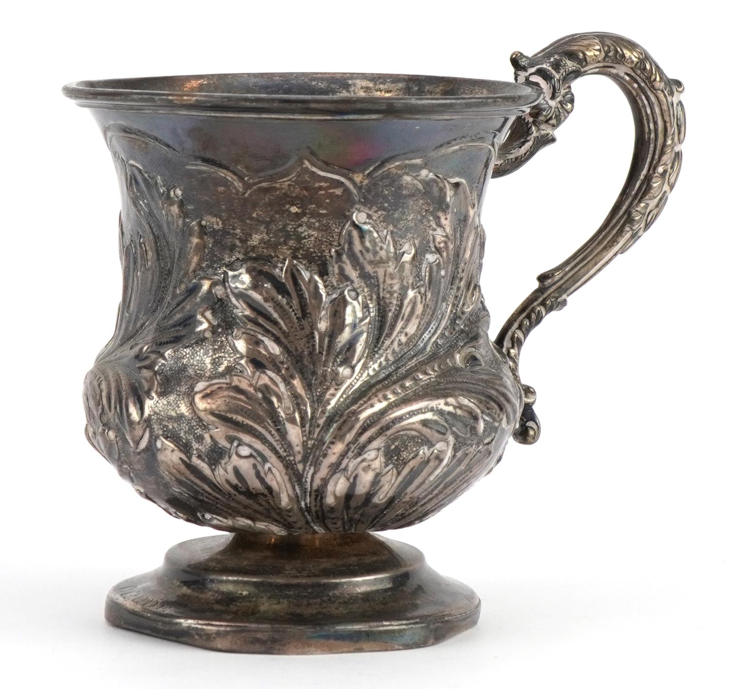 Mary Ann & Charles Reily, George IV silver christening tankard embossed with foliage, London 1828,