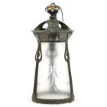 Arts & Crafts copper hanging lantern with frosted glass shade etched with swags and bows, 39cm high