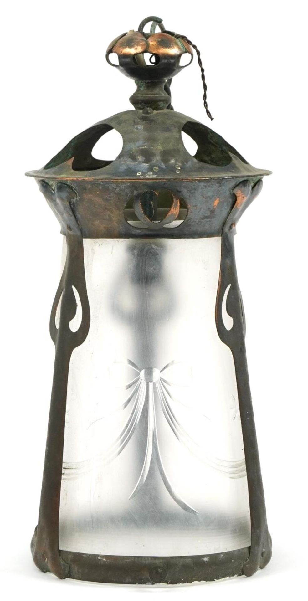 Arts & Crafts copper hanging lantern with frosted glass shade etched with swags and bows, 39cm high