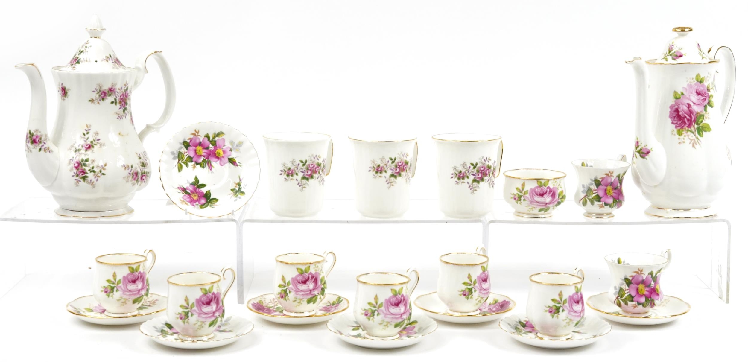 Royal Albert American Beauty and Lavender Rose tea and coffee ware including two coffee pots, the