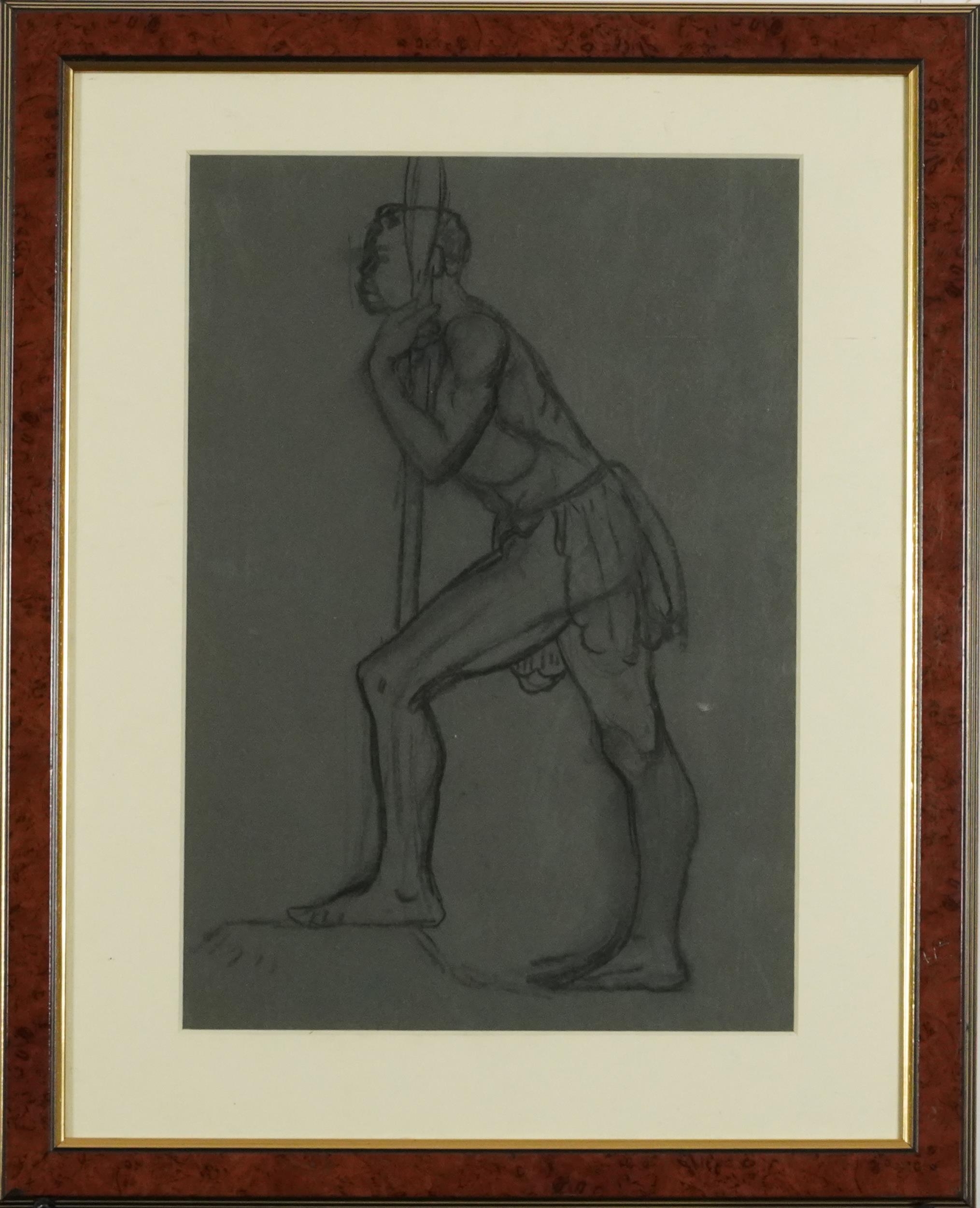 Frederick William George - Full length portrait of a tribesman, charcoal, label verso, mounted, - Image 2 of 4