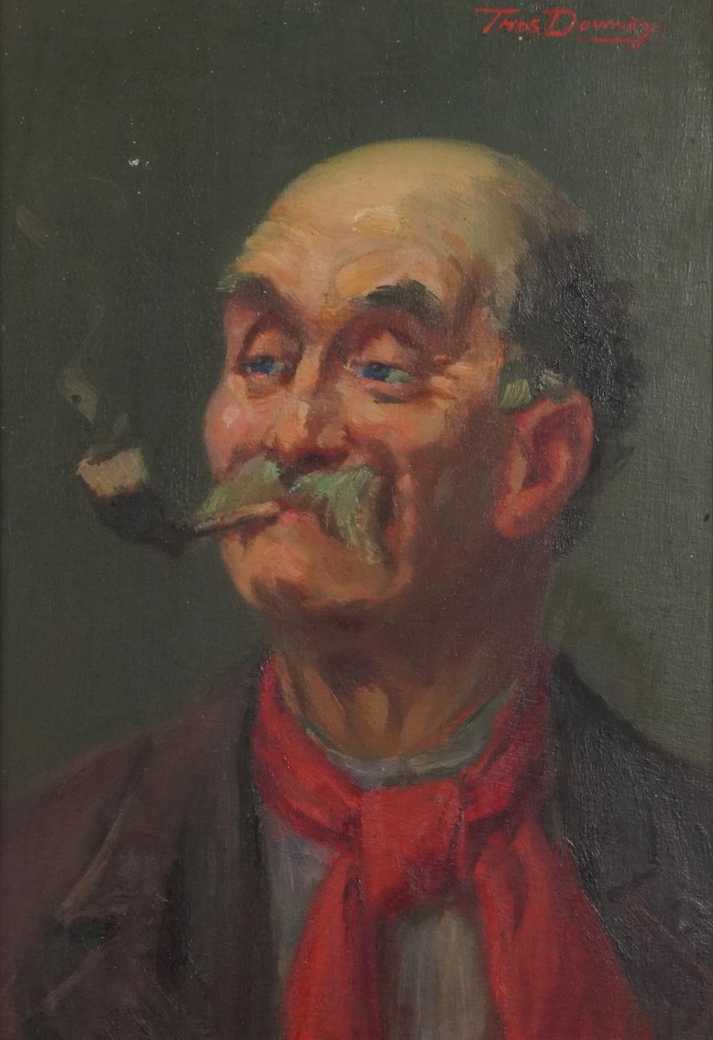 Thomas Downey - Head and shoulders portrait of a gentleman with a moustache smoking a pipe, oil on