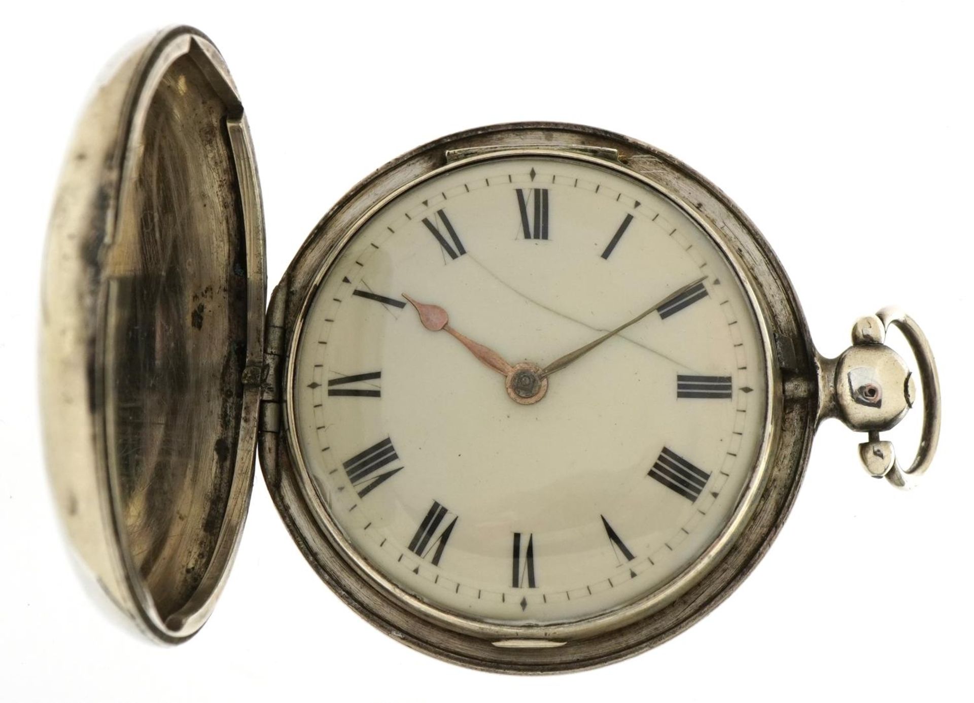George III gentlemen's silver full hunter pocket watch, 56mm in diameter, 151.3g