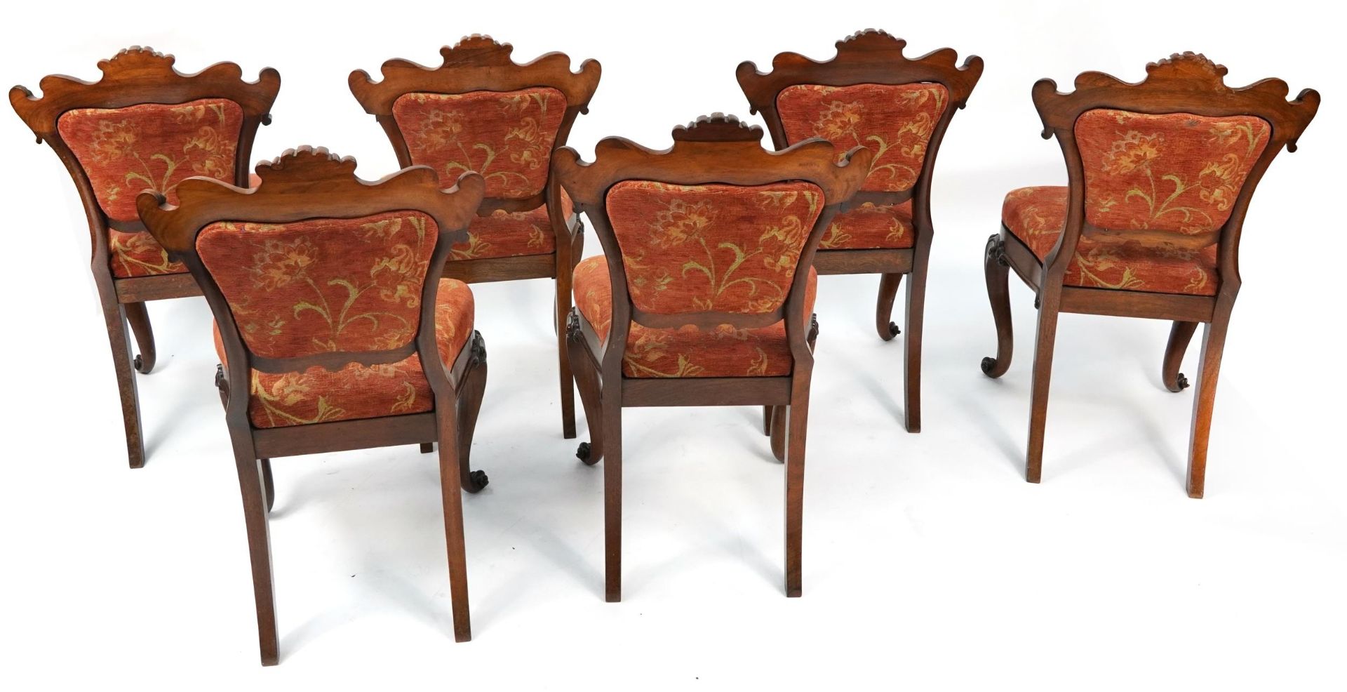 Set of six Victorian rosewood dining chairs with carved shell backs and scroll feet, 89cm high - Image 2 of 2