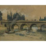 Tugboats beneath a bridge, watercolour, indistinctly signed, possibly L Davis, mounted, framed and