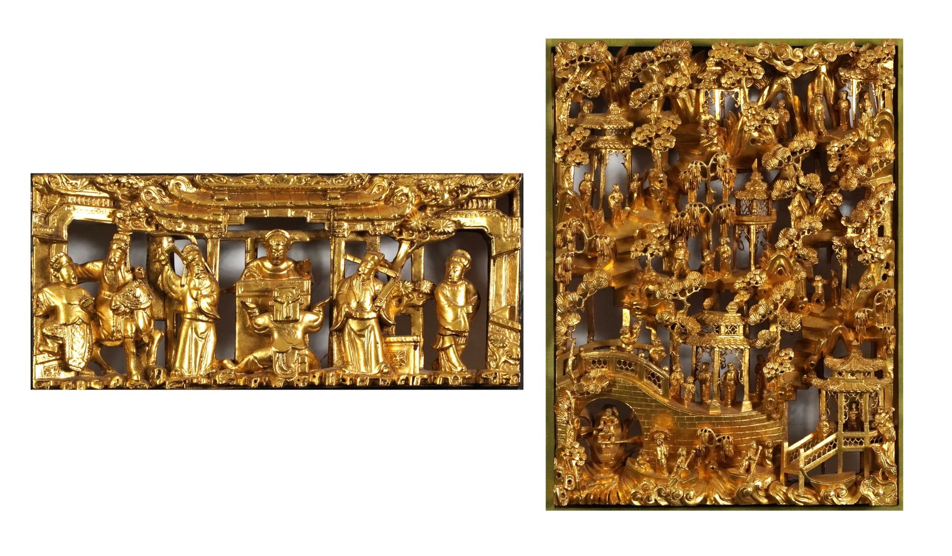 Two Chinese giltwood panels deeply carved with an Emperor and attendant and with figures crossing