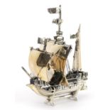 Heavy silver model of a rigged sailing ship, M N maker's mark, Birmingham 2000, 11cm high, 172.8g