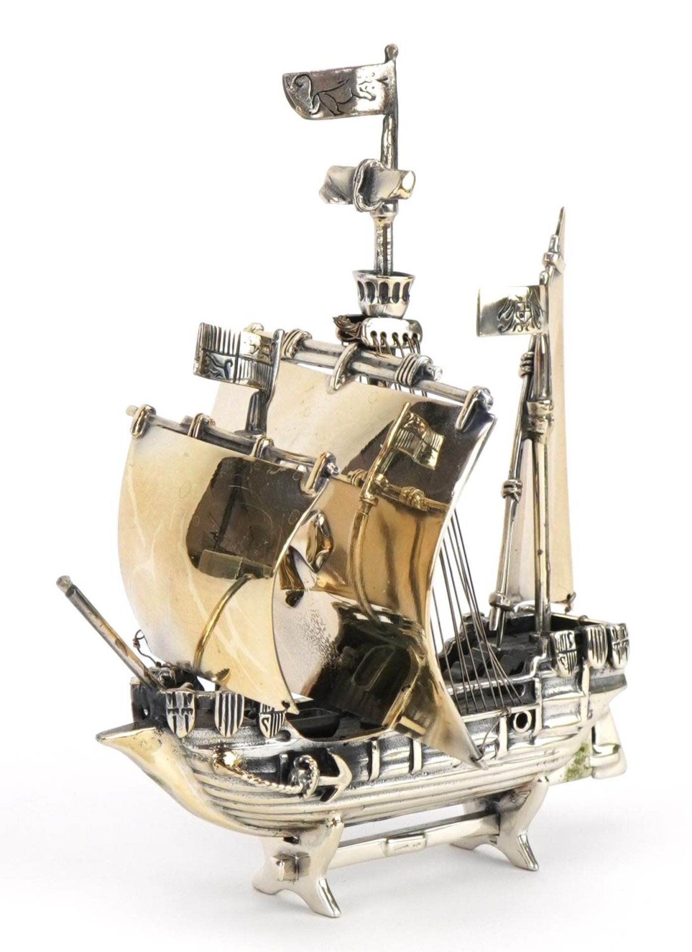 Heavy silver model of a rigged sailing ship, M N maker's mark, Birmingham 2000, 11cm high, 172.8g