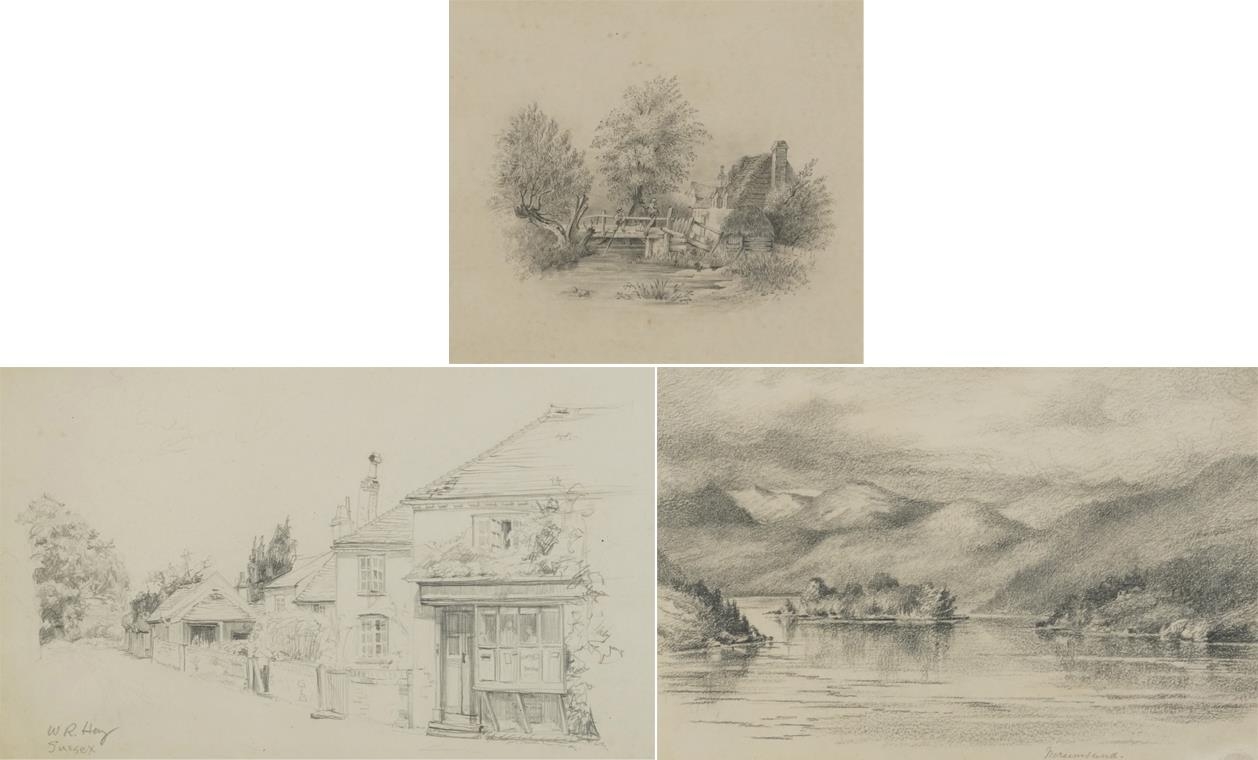 Mountainous loch scene, village street scene and figures fishing, three 19th century and later