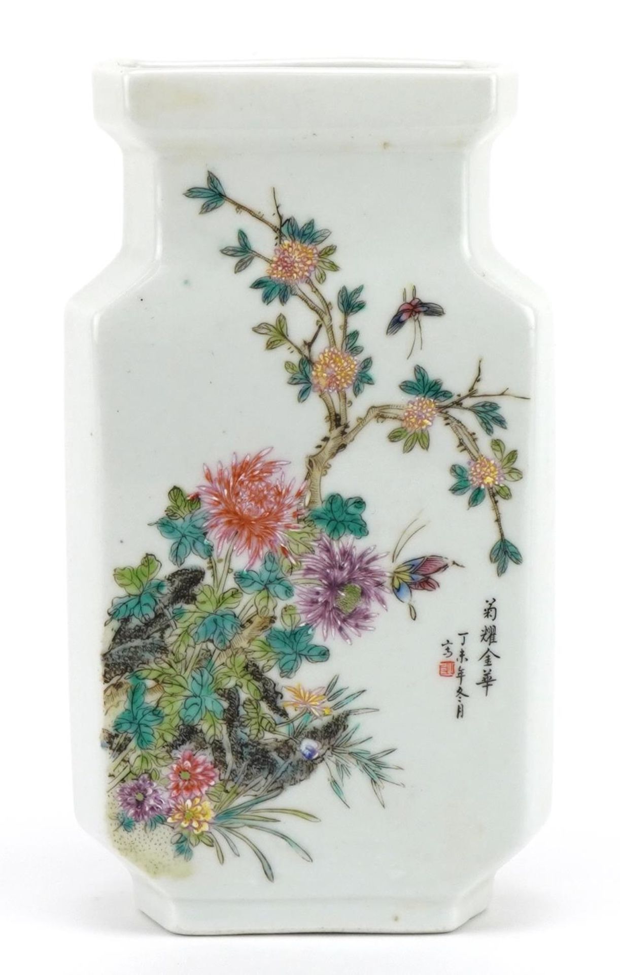 Chinese porcelain vase hand painted in the famille rose palette with an insect and flowers, with