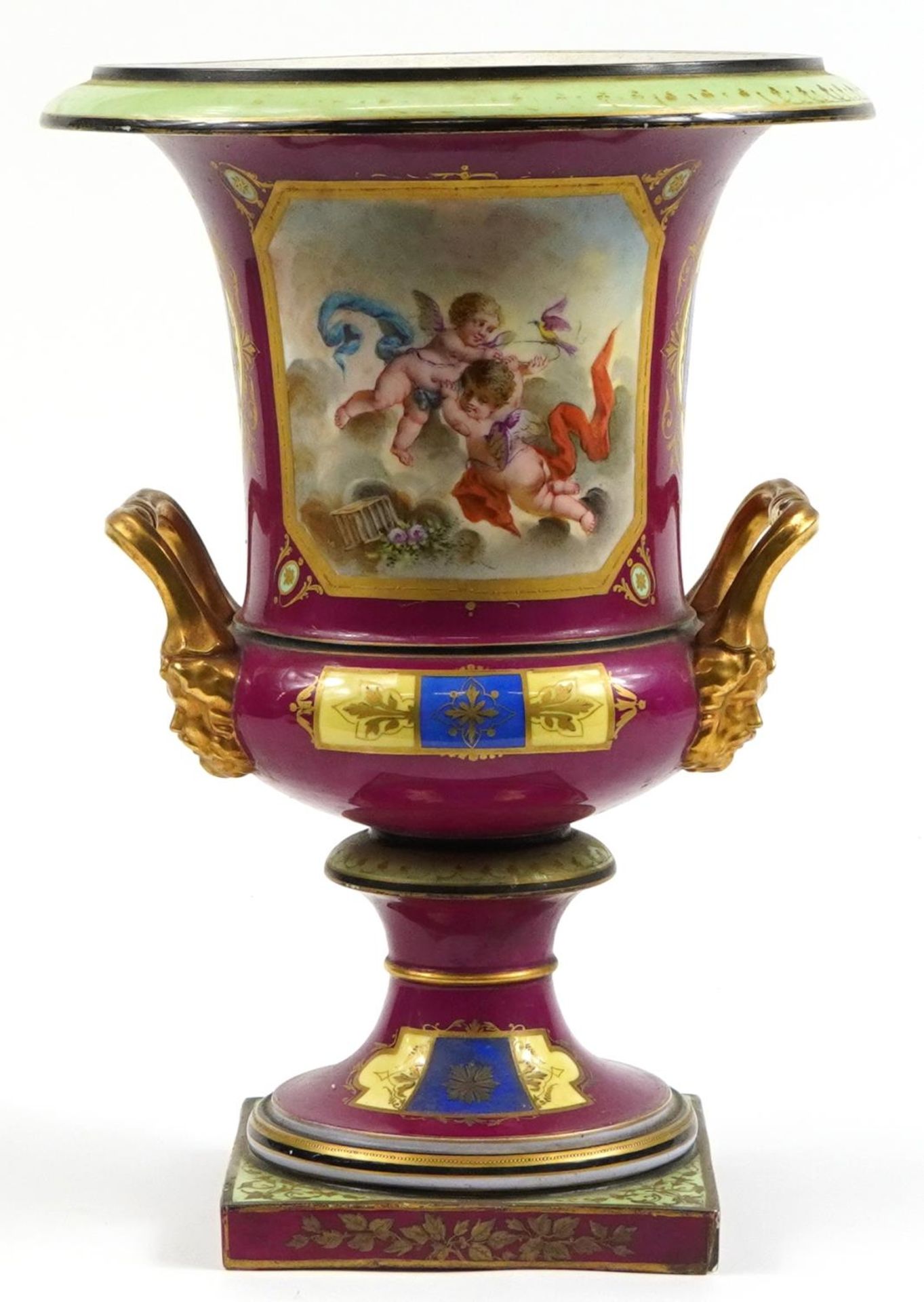 Vienna, large Austrian porcelain campana urn vase with twin handles hand painted with panels of - Bild 3 aus 4
