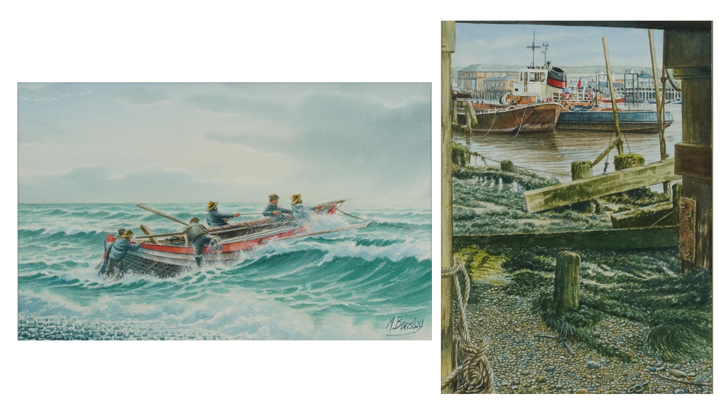 Michael Bensley - Fishermen pulling in the catch and tug with lighter, Newhaven, two watercolours,